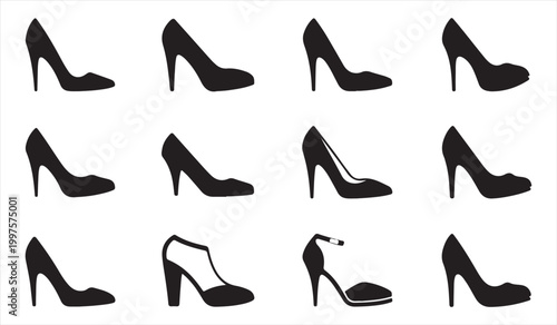 Collection of stylish high heel icons in minimal black silhouette style