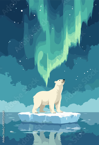 Arctic polar bear standing ice floe under northern lights aurora borealis curtains