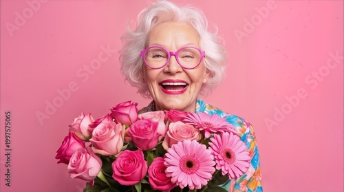 Cheerful elderly woman holding bouquet of pink flowers against pink background. Mature lady with white hair and stylish glasses celebrating special occasion.