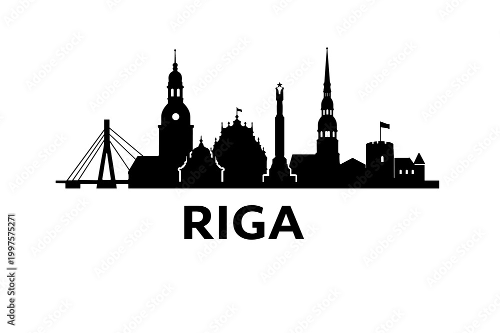Fototapeta premium Riga Latvia Skyline Silhouette, Baltic Architecture Landmarks, Black Cityscape Illustration for Travel Print and Poster Design