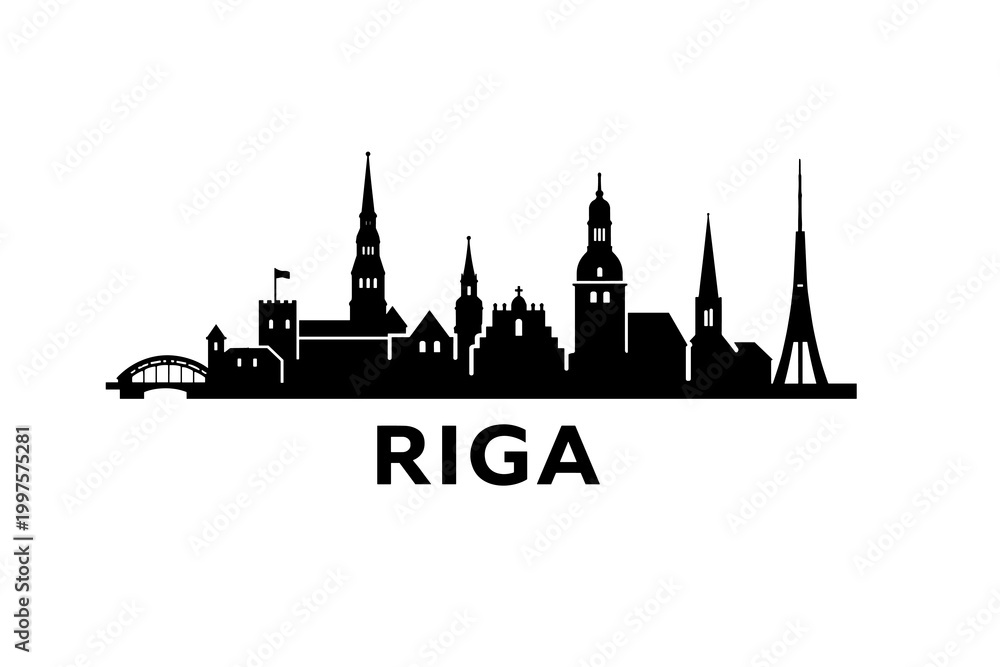 Fototapeta premium Riga Skyline Silhouette Poster, Minimalist Black Cityscape Illustration with Latvian Landmarks