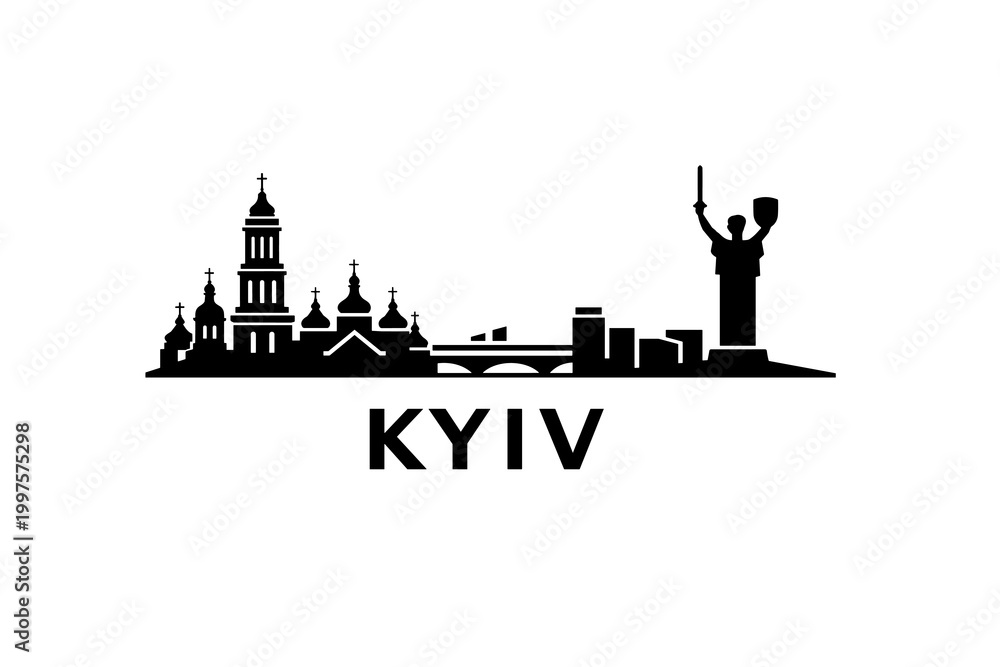 Fototapeta premium Kyiv Skyline Silhouette Poster, Minimalist Black Cityscape Illustration with Ukrainian Landmarks
