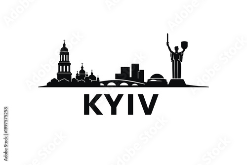 Kyiv Ukraine Skyline Silhouette with Independence Monument, Capital City Landmarks, Black Minimal Illustration for Travel and Print