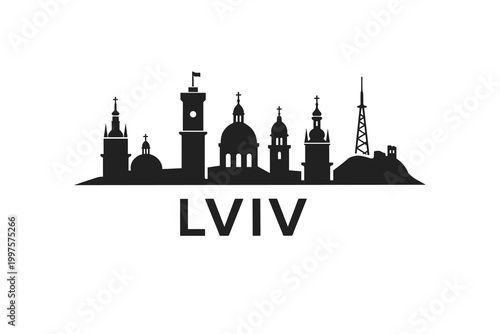 Lviv Skyline Silhouette Poster, Minimalist Black Cityscape Illustration with Ukrainian Landmarks