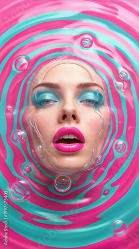 Female face emerging from swirling pink and teal liquid. Artistic beauty portrait featuring vibrant makeup, water ripples, and bubbles.
