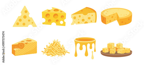 Cheese Icons in Various Styles, Vector Illustration Featuring Slices, Wedges, Blocks, Melted, Dripping, and Shredded Dairy Food Designs