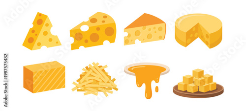 Cheese Icons in Various Styles, Vector Illustration Featuring Slices, Wedges, Blocks, Melted, Dripping, and Shredded Dairy Food Designs