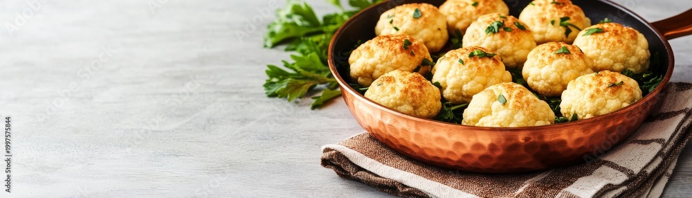 Fototapeta premium Golden roasted cauliflower florets with fresh herbs in a rustic copper pan on a light wooden background, a healthy and elegant vegetarian side dish. ,Healthy eating ,Vegan meal