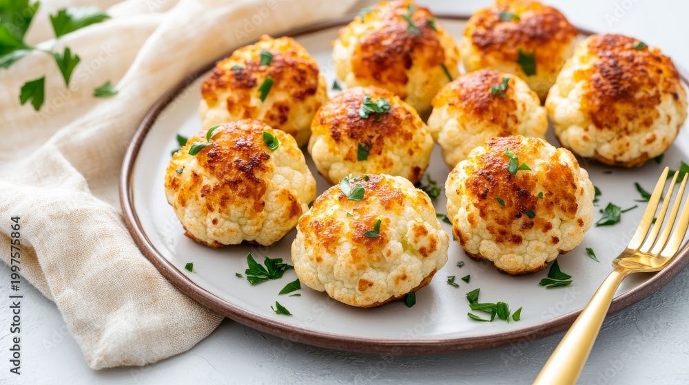 Fototapeta premium Golden Roasted Cauliflower Florets with fresh parsley, presented on a plate with a fork and napkin. A healthy, delicious side dish., Vegetarian, Healthy meal
