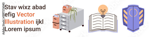 Office management, education, creative ideas, data security, knowledge sharing, and recordkeeping. Filing cabinets, open book with lightbulb security shield. Office management and education concept
