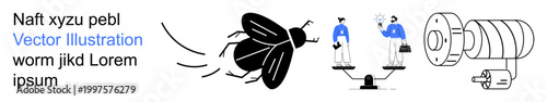 Business concepts, law, justice, industry, balance, automation. Stylized visuals of a fly, scale and machine. Legal balance and industrial automation concepts
