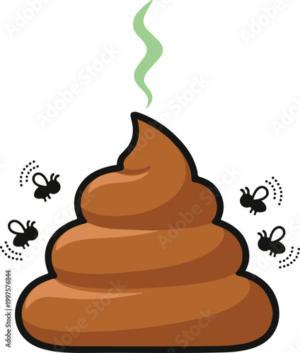 Funny brown poop emoji with a swirl design and buzzing flies, playful and gross black and white vector illustration