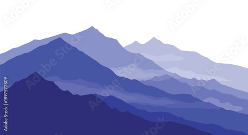 Gradient blue mountain range artwork with serene atmospheric perspective and misty peaks