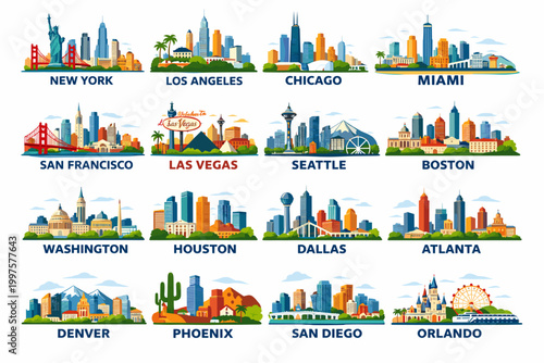 colorful USA city skyline illustration set, modern flat vector American cityscapes with landmarks on white background