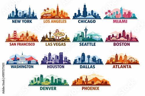 USA City Skylines Vibrant Color Set, New York Los Angeles Chicago Miami and More, Modern Multi Palette Urban Travel Illustrations
