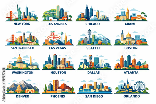 colorful USA city skyline illustration set, modern flat vector cityscapes of American cities with landmarks on white background