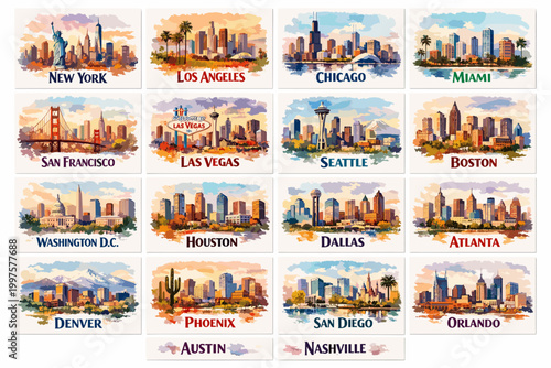 USA City Postcard Style Skylines Set, New York Los Angeles Chicago Miami and More, Colorful Travel Illustration Collection for Souvenir Design
