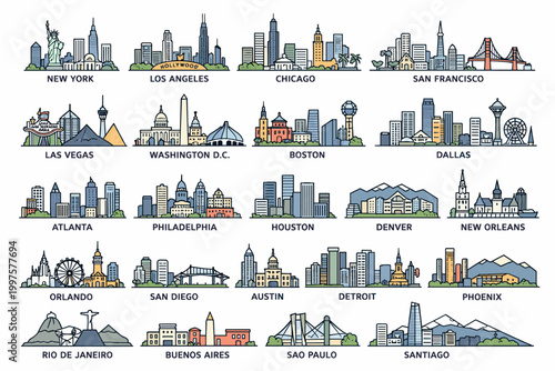 World City Skylines Colorful Set, USA and International Cities Including Rio de Janeiro Buenos Aires Sao Paulo and More, Travel Illustration Collection