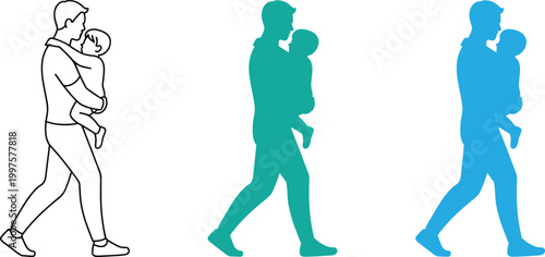 Father Carrying Baby Walking Silhouette Family Icons Set Vector