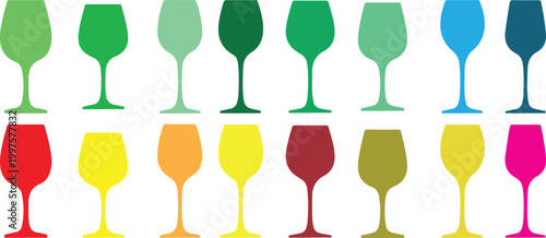 Multicolored wine glasses in a grid layout