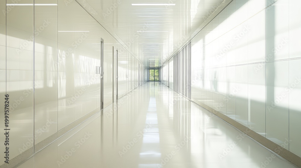 Fototapeta premium Bright clinic corridor featuring spotless white walls and reflective flooring, creating a clean and modern environment extending towards an exit door looking out to green trees