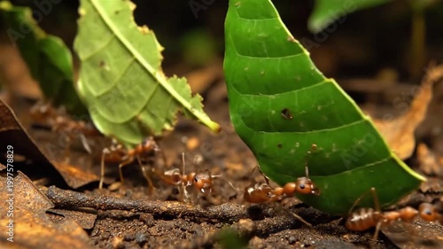 Close up shot on Leafcutter ants carrying leaves on amazon lowland rainforest, Ecuador.