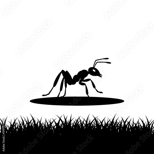 Silhouette of an ant standing on a dark oval shape, ready to move forward.