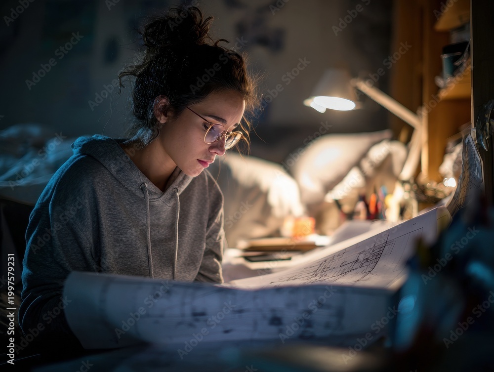 Fototapeta premium Young Arab Woman Studying Engineering Blueprints at Messy Dorm Desk During Late Night