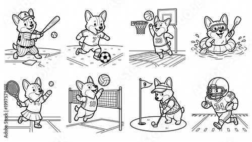 Collection set of line art cartoon animal character playing sport vector illustration for kids and children's coloring exercise on white background, Corgi, Dog