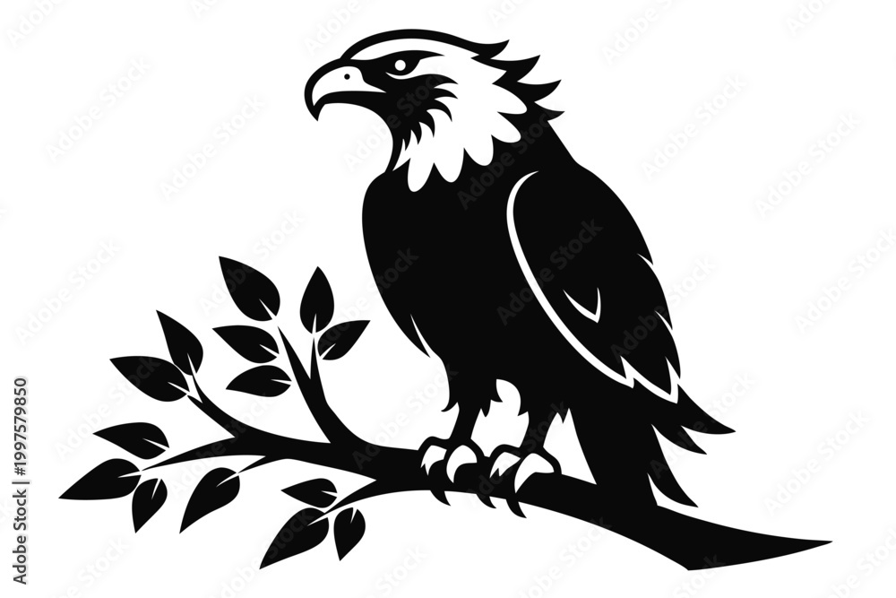 Obraz premium eagle setting on a branch silhouette line art vector illustration with a white background