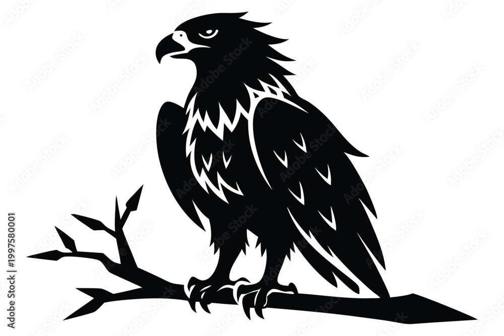 Obraz premium eagle setting on a branch silhouette line art vector illustration with a white background