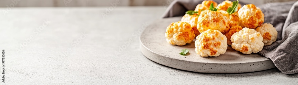 Fototapeta premium Warm Golden-Brown and White Cauliflower Bites on Gray Concrete Plate, Healthy Roasted Vegetarian Side Dish. Wide Culinary Banner with Copy Space,cauliflower,healthy