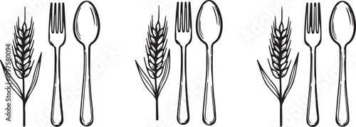 Black and white illustration of various grain stalks and wheat sheaves