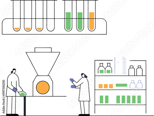 Scientific research laboratory with researchers conducting chemistry experiments and analyzing test tubes for pharmaceutical development professional medical healthcare vector illustration