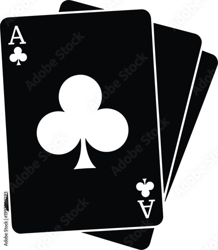 Ace of clubs playing cards vector illustration featuring black silhouette deck for casino gambling poker tournaments games of chance and leisure entertainment isolated on white background.