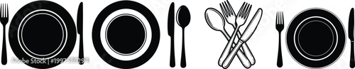 Elegant black silhouette table setting plates cutlery and glassware arrangement