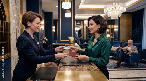 The hotel guest receives the room key at the reception desk, hotel business, five star hotel