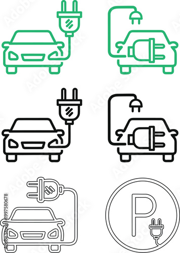 Electric vehicle charging icons cars trucks and parking with power plugs