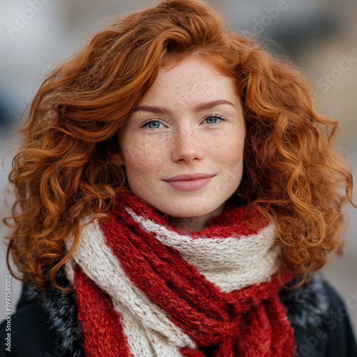 Freckled redhead woman with scarf portrait