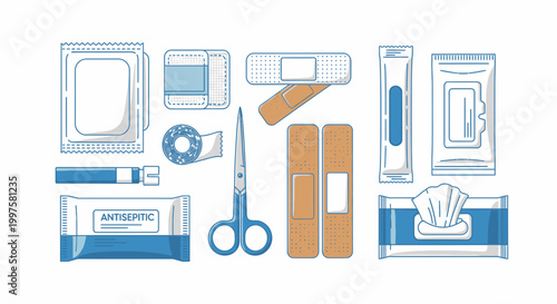 First Aid Kit Essentials Layout - Healthcare Supplies for Minor Injuries