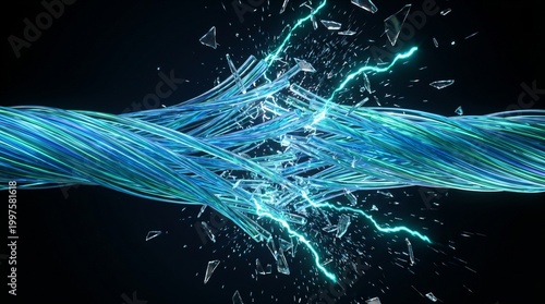 Intense view of vibrant neon cyan fiber optic cables snapping and shattering in darkness to symbolize global communication failure