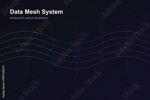 Data Mesh System visualization, advanced AI network background with wavy lines, futuristic digital information flow, dark blue tech grid vector