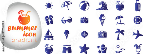 Set of summer icons with beach ball, palm tree, and camera