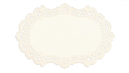Vintage oval lace doily frame on black background with blank center for text. Decorative paper border ideal for invitation, greeting card, wedding, menu, label or scrapbook design with copy space.