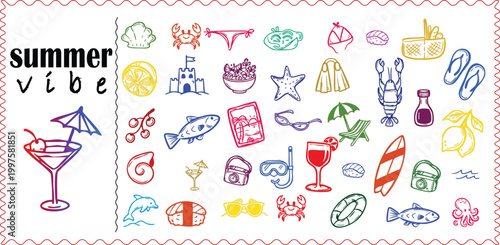 Summer vibe cocktail glass beach icons colorful hand-drawn style