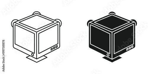 Isometric illustration of desktop computers with different screen display states