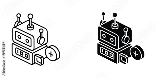 Isometric robots combining to form a new entity with a plus sign