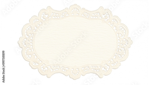 Vintage oval lace doily frame on black background with blank center for text. Decorative paper border ideal for invitation, greeting card, wedding, menu, label or scrapbook design with copy space.