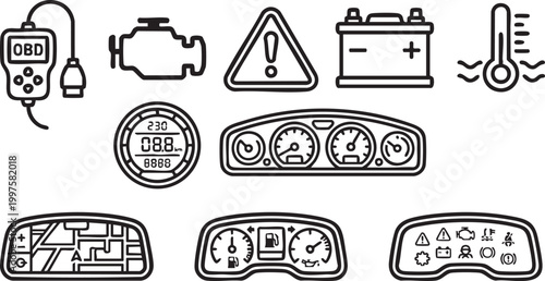 Set of automotive dashboard icons and car diagnostic symbols in a clean black line art style