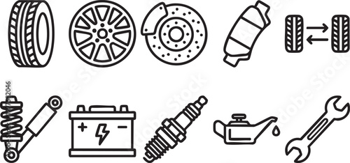 Collection of car parts and vehicle repair icons featuring tires, brakes, and engine components